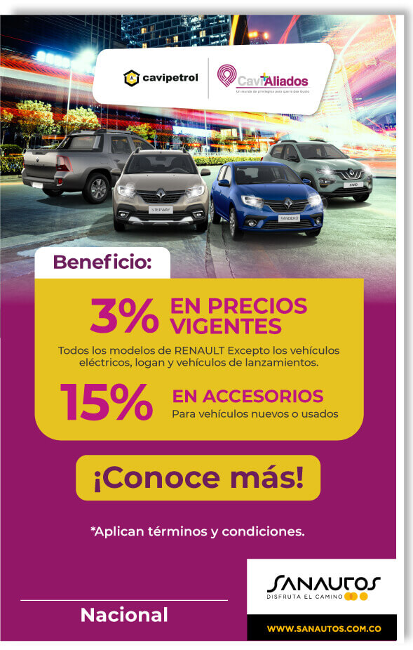 3% en precios vigentes en todos los modelos de Renault excepto vehículos eléctricos, logan y de lanzamiento con Sanautos.
